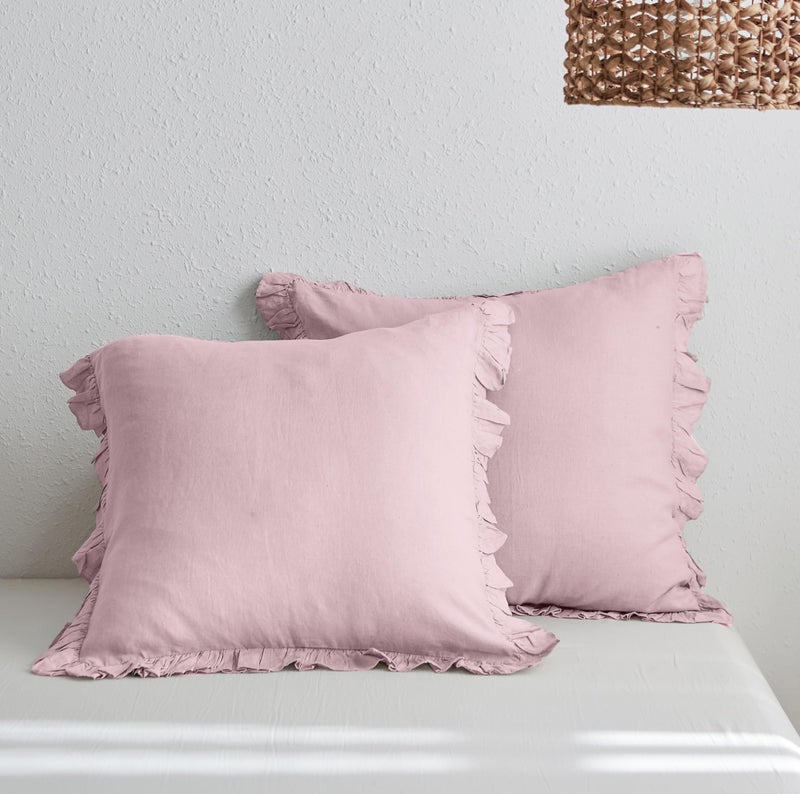 Simple&Opulence أغطية وسائد يورو من الكتان 100% بسيطة وفاخرة مع كشكش، 26x26 بوصة، مجموعة من 2 غطاء وسادة يورو لتزيين السرير والأريكة، ديكور منزلي فرنسي فاخر وقابل للتنفس، لون وردي فاتح - Image 1
